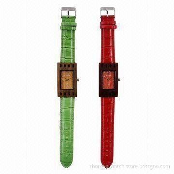 Eco-friendly Wood Wristwatch With Green and Red Sandalwood Square Case